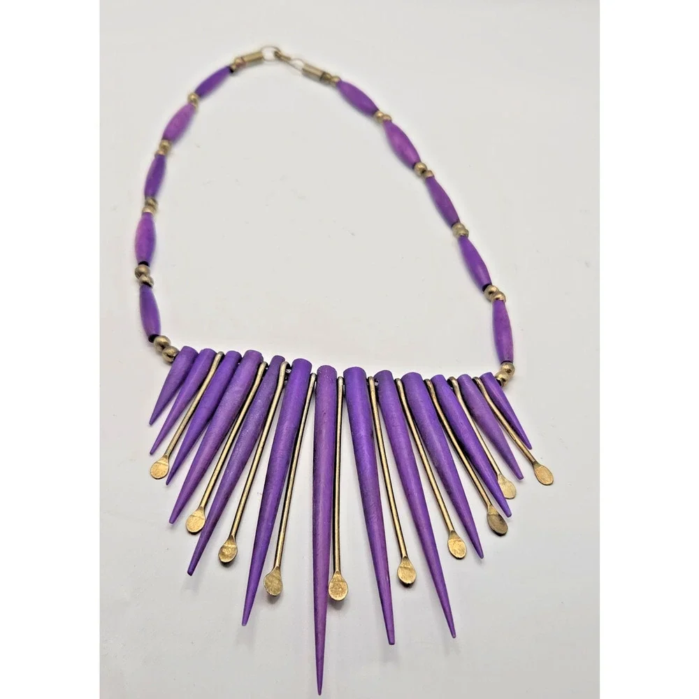 Vintage Purple Spike Fringe Bib Necklace 18” Gold Tone Boho Runway Statement